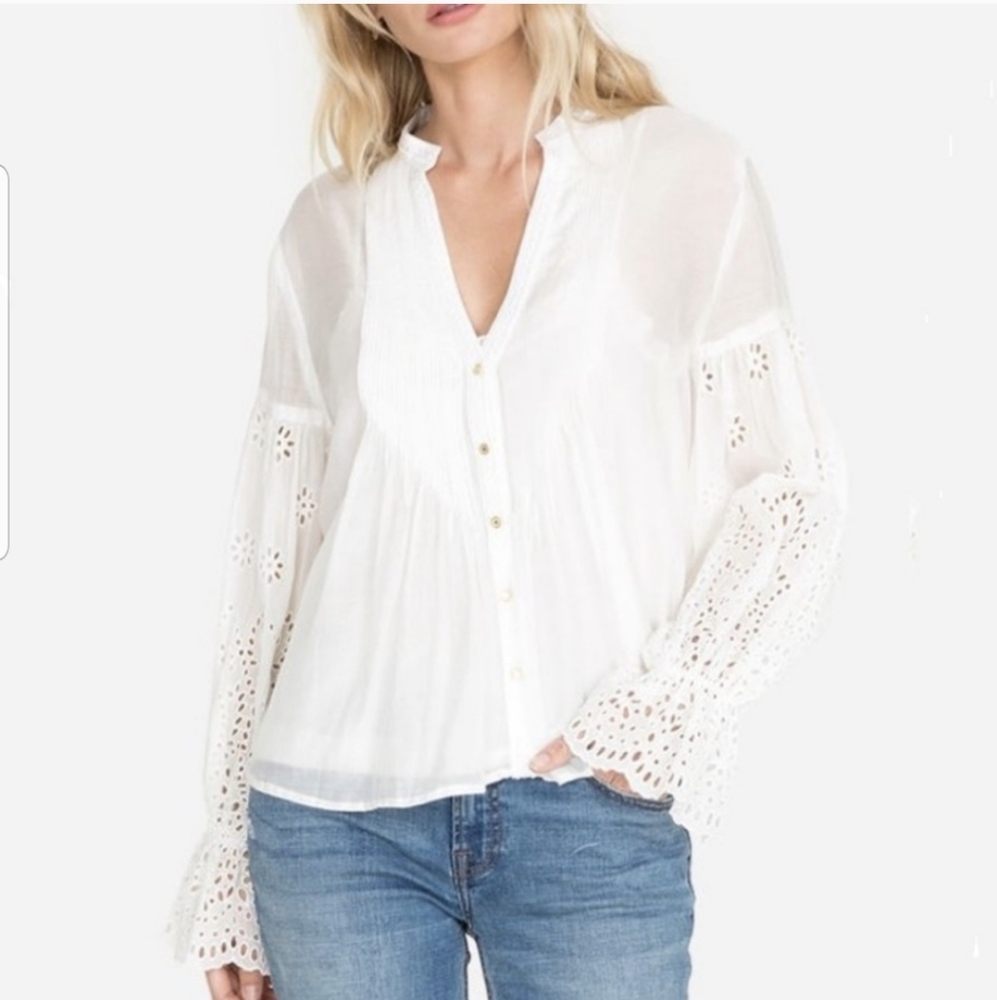 Johnny Was Jade Paz Eyelet Pintucked Blouse in White size Medium